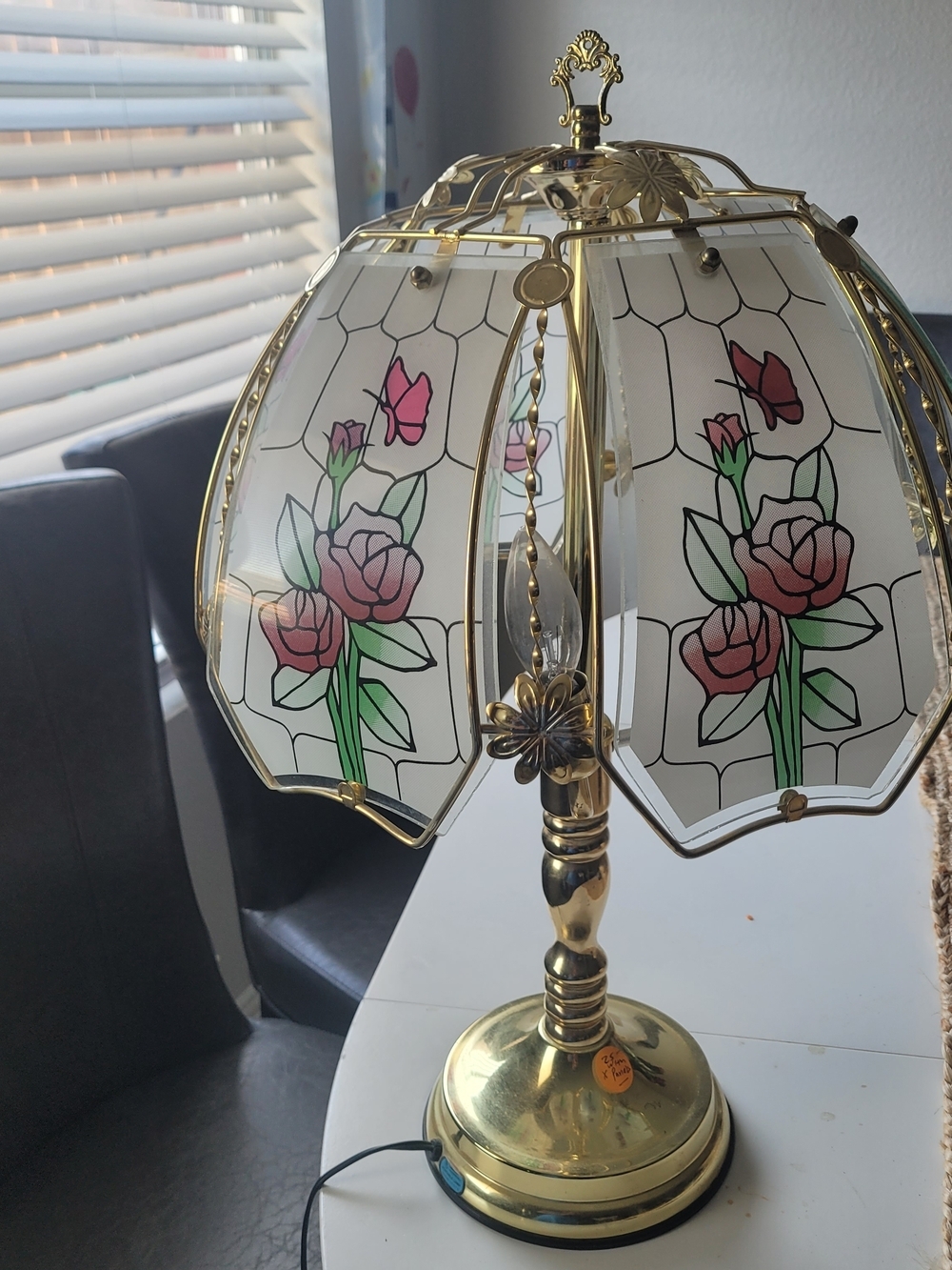 Vintage Brass Table Lamp with Rose Stained-Glass Panels Touch Lamb Floral